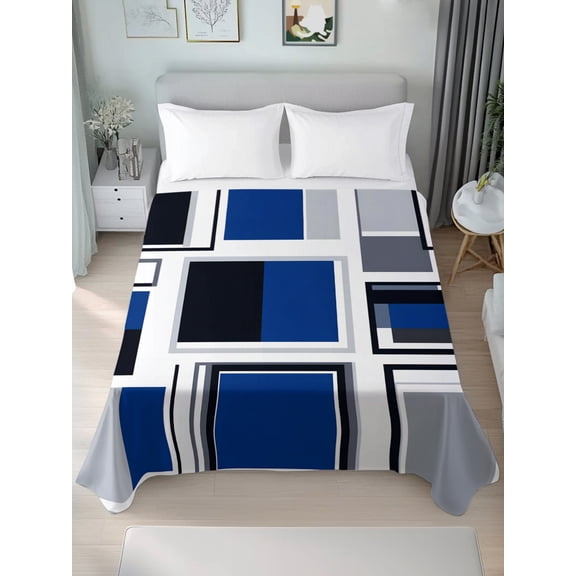 Queen Size Flat Sheet Only,Stitching Blue Gray Black Square Soft Top Bed Sheets Breathable Bedding Sheet Modern Technological Line Microfiber Hotel Luxury Flat Sheets