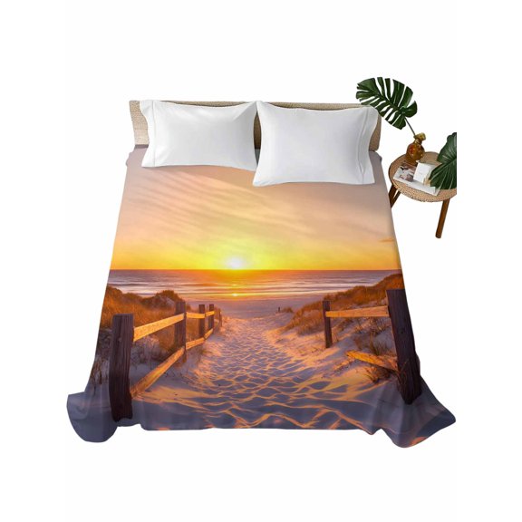 Queen Size Flat Sheet Only, Summer Beach Soft Brushed Microfiber Bed Sheets, Sunset Nautical Ocean Sea Hotel Quality Breathable Bedding Top Sheet, Easy Care, 81"x96"