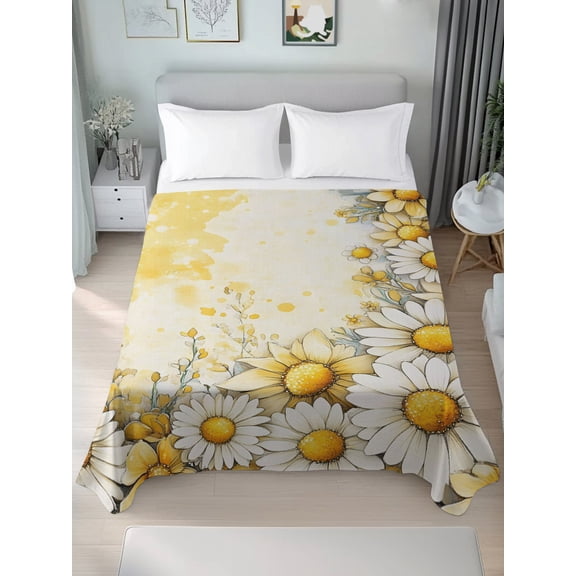 Queen Size Flat Sheet Only,Summer Bright Yellow Sunflowers Daisies Soft Top Bed Sheets Breathable Bedding Sheet Rustic Floral Microfiber Hotel Top Sheets