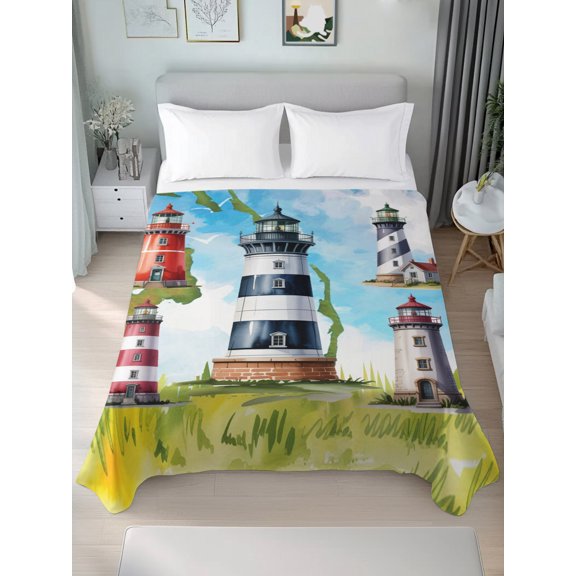 Queen Size Flat Sheet Only,Summer Coastal Nautical Lighthouse Soft Top Bed Sheets Breathable Bedding Sheet Ocean Beach Theme Microfiber Hotel Luxury Top Sheets