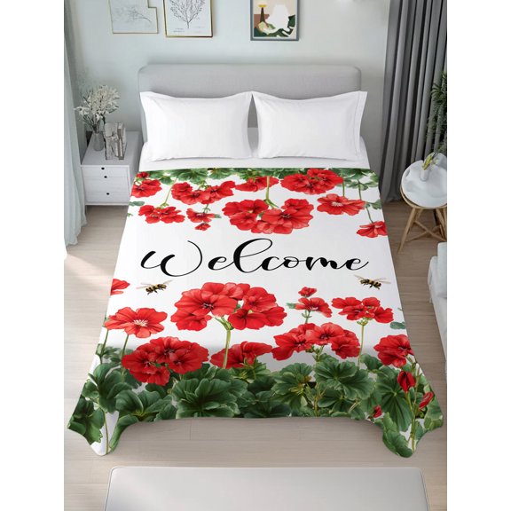 Queen Size Flat Sheet Only,Summer Countryside Red Flowers Soft Top Bed Sheets Breathable Bedding Sheet Farmhouse Bee Botanical Microfiber Hotel Top Sheets