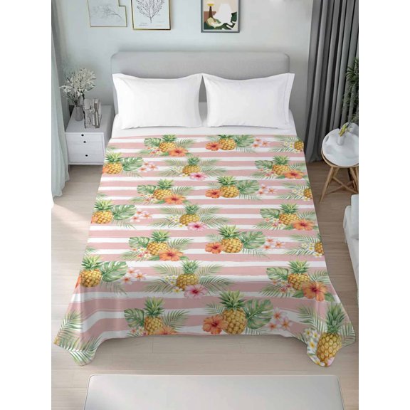 Queen Size Flat Sheet Only,Summer Fruit Pineapple Soft Top Bed Sheets Breathable Bedding Sheet Pink White Striped Background Microfiber Hotel Luxury Top Sheets