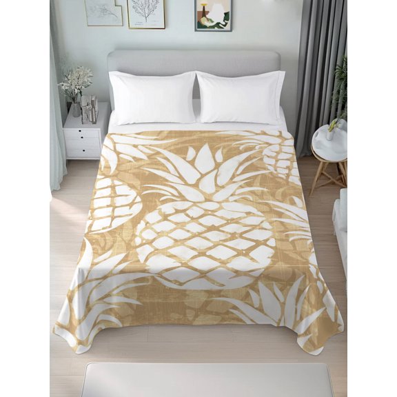 Queen Size Flat Sheet Only,Summer Fruit Pineapple Soft Top Bed Sheets Breathable Bedding Sheet Rustic Vintage Tropical Leaves Microfiber Hotel Top Sheets