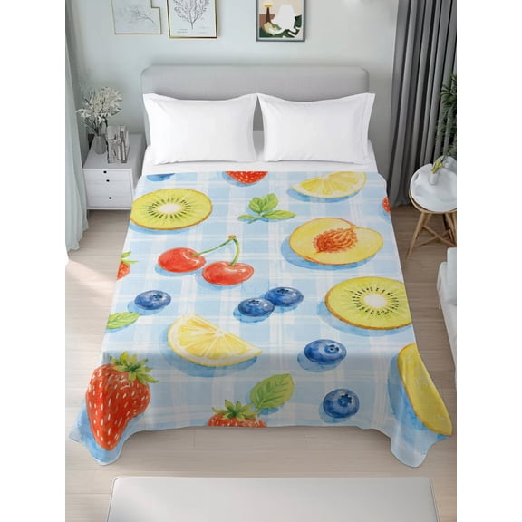 Queen Size Flat Sheet Only,Summer Fruit Slices Peach Pattern Soft Top Bed Sheets Breathable Bedding Sheet Blue Gingham Backdrop Microfiber Hotel Luxury Top Sheets