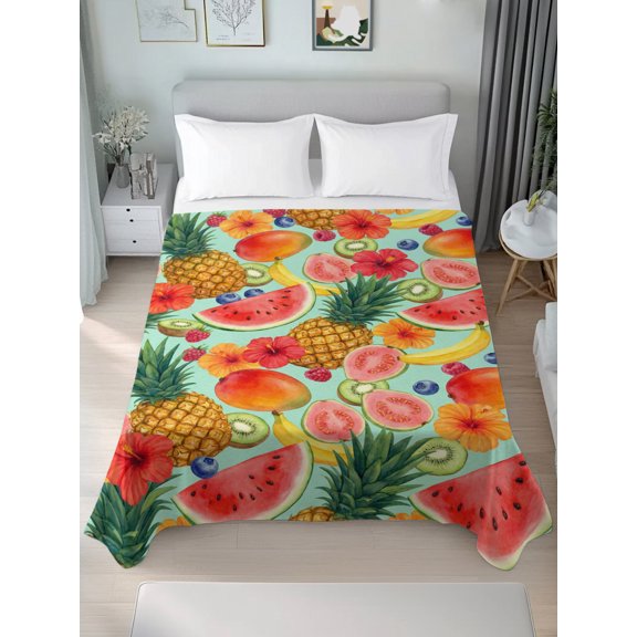 Queen Size Flat Sheet Only,Summer Fruits Watermelon Pineapple Soft Top Bed Sheets Breathable Bedding Sheet Mango Barley Kiwi Microfiber Hotel Top Sheets