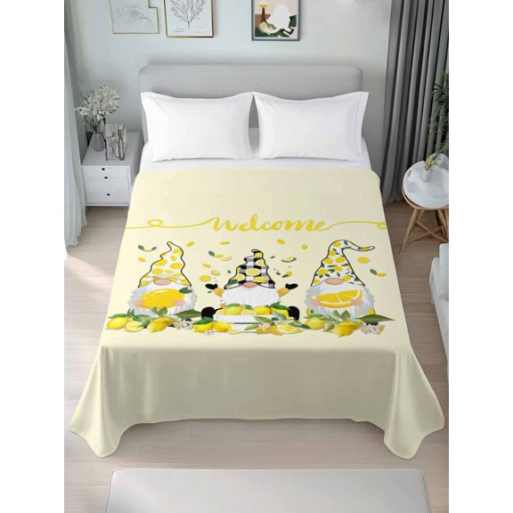 Queen Size Flat Sheet Only,Summer Idyllic Lemon Dwarf Soft Breathable Top Bedding Sheets Country Yellow Fruits Gnome Art Microfiber Hotel Flat Sheets