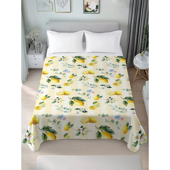 Queen Size Flat Sheet Only,Summer Lemon Leaves Flower Soft Top Bed Sheets Breathable Bedding Sheet Watercolor Yellow Stripes Microfiber Hotel Luxury Top Sheets