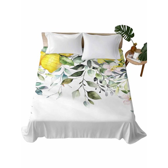 Queen Size Flat Sheet Only, Summer Lemon Soft Brushed Microfiber Bed Sheets, Spring Floral Eucalyptus Leaves Botanical Hotel Quality Breathable Bedding Top Sheet, Easy Care, 81"x96"