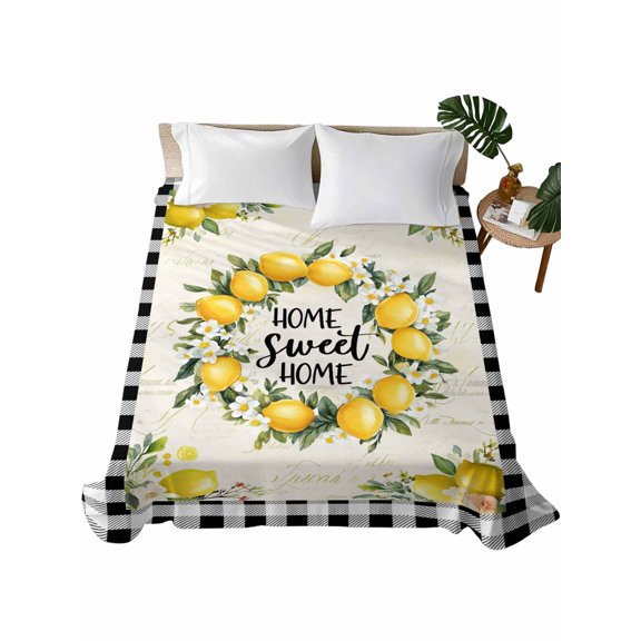 Queen Size Flat Sheet Only, Summer Lemon Soft Brushed Microfiber Bed Sheets, Yellow Botanical Checkered Farmhouse Buffalo Hotel Quality Breathable Bedding Top Sheet, Easy Care, 81"x96"