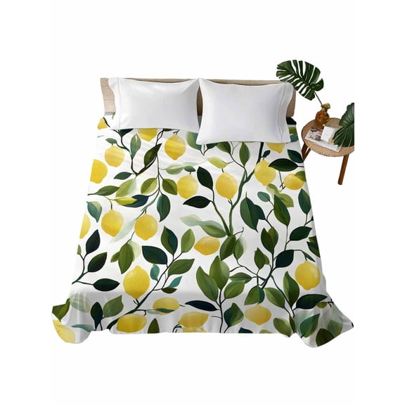 Full Size Flat Sheet Only, Summer Lemon Soft Brushed Microfiber Bed Sheets, Yellow Fruits Pastoral Green Botanical Hotel Quality Breathable Bedding Top Sheet, Easy Care, 81"x96"