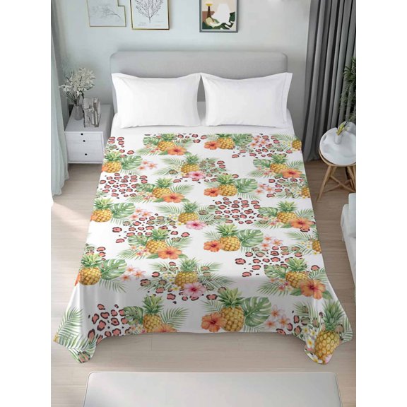 Queen Size Flat Sheet Only,Summer Pineapple Flower Leaf Soft Top Bed Sheets Breathable Bedding Sheet Tropical Fruit Botanical Microfiber Hotel Luxury Top Sheets