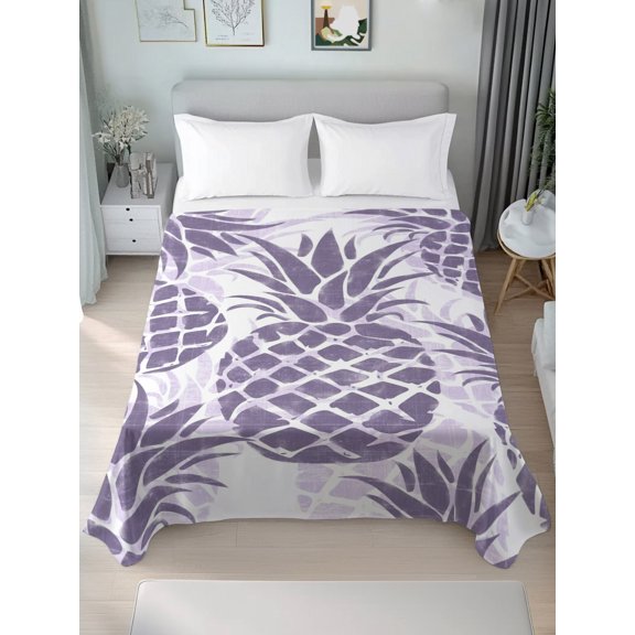 Queen Size Flat Sheet Only,Summer Purple Pineapple Soft Top Bed Sheets Breathable Bedding Sheet Farmhouse Tropical Fruit Microfiber Hotel Luxury Top Sheets