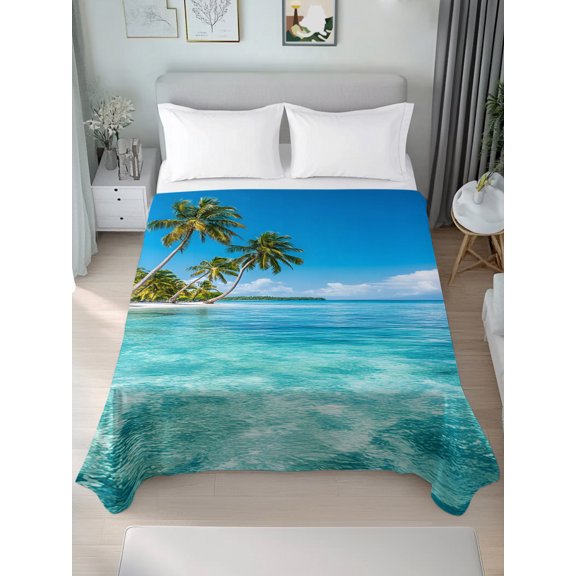 Queen Size Flat Sheet Only,Summer Teal Sea Water Palm Trees Soft Top Bed Sheets Breathable Bedding Sheet Seaside Ocean Cloud Microfiber Hotel Luxury Flat Sheets