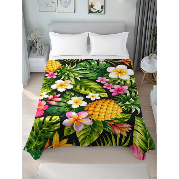 Queen Size Flat Sheet Only,Summer Tropical Frangipani Pineapples Soft Top Bed Sheets Breathable Bedding Sheet Monstera Foliage Microfiber Hotel Luxury Top Sheets