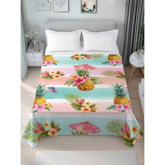 Queen Size Flat Sheet Only,Summer Tropical Fruit Pineapple Soft Top Bed Sheets Breathable Bedding Sheet Pink Green Striped Microfiber Hotel Luxury Top Sheets