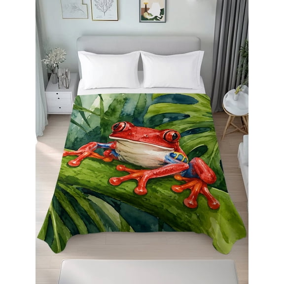 Queen Size Flat Sheet Only,Summer Tropical Red Frog Pattern Soft Top Bed Sheets Breathable Bedding Sheet Monstera Leaf Microfiber Hotel Luxury Top Sheets