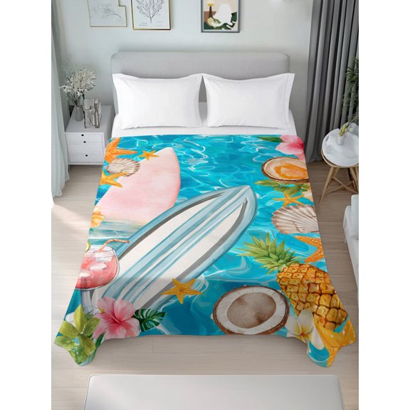 Queen Size Flat Sheet Only,Summer Tropical Surfboard Soft Top Bed Sheets Breathable Bedding Sheet Pineapple Starfish Cocktail Microfiber Hotel Luxury Top Sheets