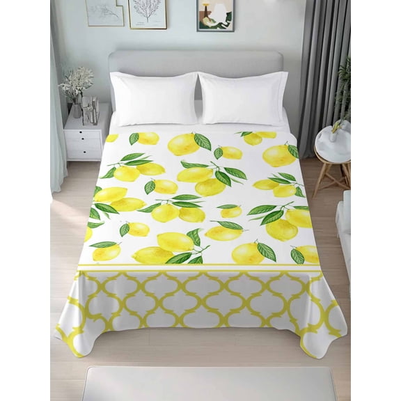 Queen Size Flat Sheet Only,Summer Watercolor Lemon Fruit Soft Breathable Top Bedding Sheets Yellow Moroccan Tile Microfiber Hotel Flat Sheets