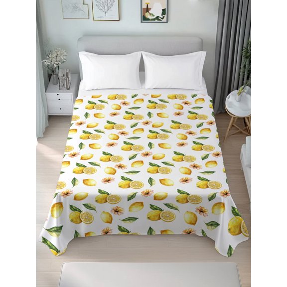 Queen Size Flat Sheet Only,Summer Watercolor Lemon Soft Top Bed Sheets Breathable Bedding Sheet Pastoral Fruit Microfiber Hotel Luxury Top Sheets