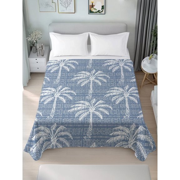 Queen Size Flat Sheet Only,Summer White Palm Trees Soft Top Bed Sheets Breathable Bedding Sheet Rustic Slate Blue Background Microfiber Hotel Luxury Top Sheets