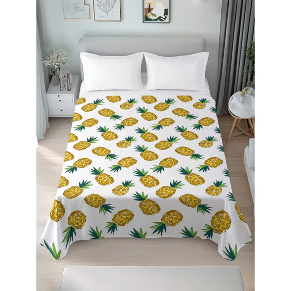 Queen Size Flat Sheet Only,Summer Yellow Pineapple Seamless Soft Top Bed Sheets Breathable Bedding Sheet Farmhouse Tropical Fruit Microfiber Hotel Top Sheets