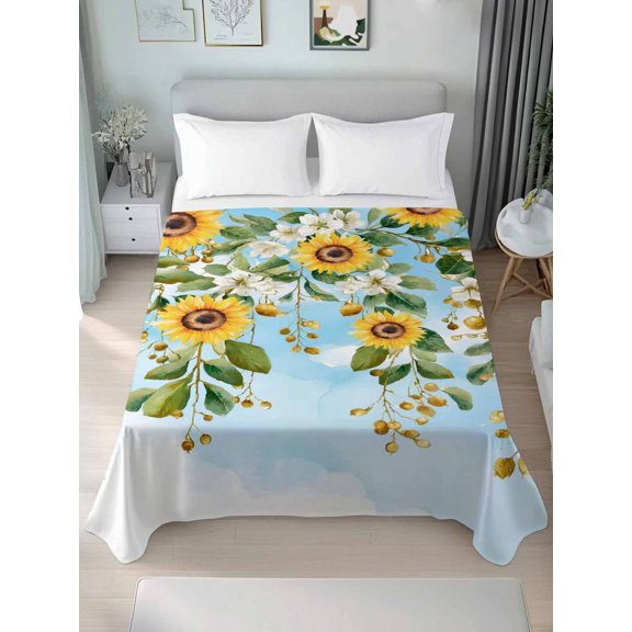 Queen Size Flat Sheet Only,Summer Yellow Sunflower Green Leaf Soft Top Bed Sheets Breathable Bedding Sheet White Cloud Microfiber Hotel Top Sheets