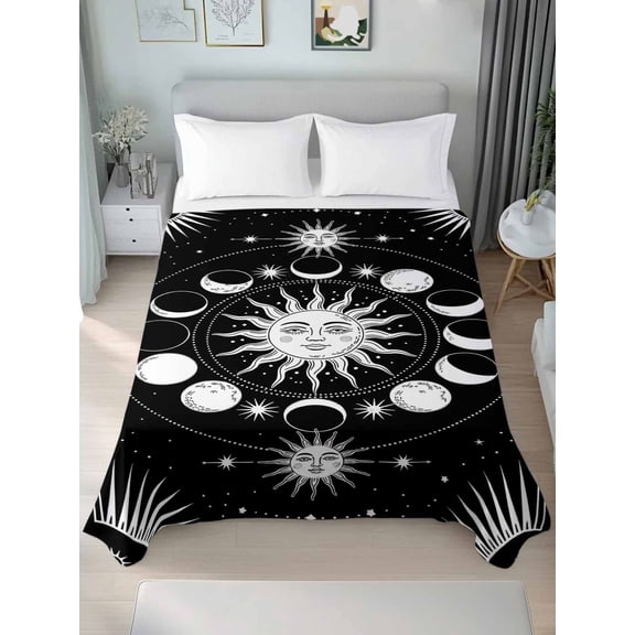 Queen Size Flat Sheet Only,Sun Moon on Black Background Soft Top Bed Sheets Breathable Bedding Sheet Starry Sky Scenery Microfiber Hotel Luxury Top Sheets