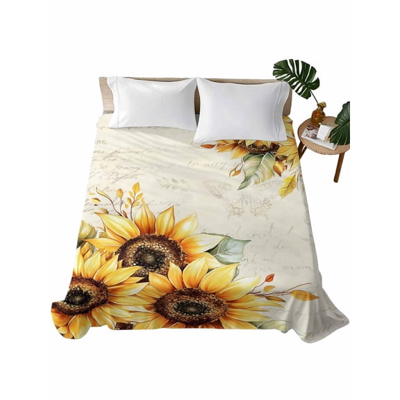 Queen Size Flat Sheet Only, Sunflower Soft Brushed Microfiber Bed Sheets, Yellow Spring Summer Floral Farmhouse Hotel Quality Breathable Bedding Top Sheet, Easy Care, 81"x96"