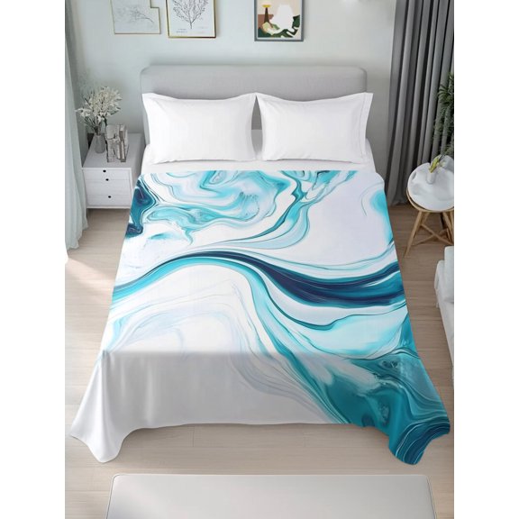 Queen Size Flat Sheet Only,Swirls Flowing Aquamarine Artwork Soft Top Bed Sheets Breathable Bedding Sheet Abstract Gradient Line Waves Microfiber Hotel Top Sheets