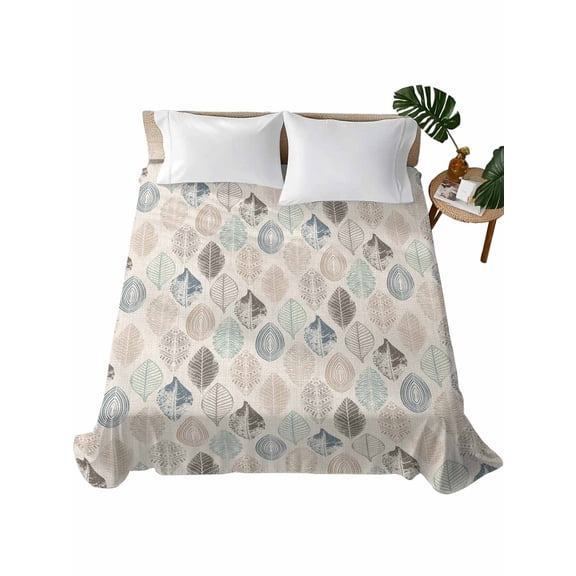 Queen Size Flat Sheet Only, Teal Beige Tropical Leaves Soft Brushed Microfiber Bed Sheets, Farmhouse Burlap Aesthetics Hotel Quality Breathable Bedding Top Sheet, Easy Care, 81"x96"