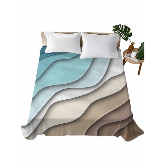 Queen Size Flat Sheet Only, Teal Blue Ombre Cream Soft Brushed Microfiber Bed Sheets, Modern Geometric Brown Aesthetic Hotel Quality Breathable Bedding Top Sheet, Easy Care, 81"x96"