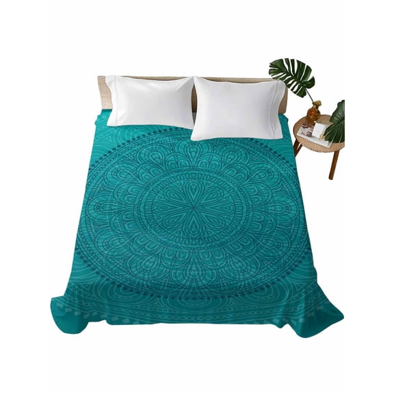 Queen Size Flat Sheet Only, Teal Boho Soft Brushed Microfiber Bed Sheets, Farmhouse Abstract Geometric Aesthetic Art Hotel Quality Breathable Bedding Top Sheet, Easy Care, 81"x96"