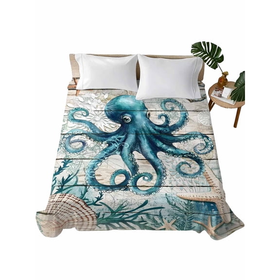 Full Size Flat Sheet Only, Teal Octopus Coastal Soft Brushed Microfiber Bed Sheets, Summer Beach Nautical Starfish Retro Hotel Quality Breathable Bedding Top Sheet, Easy Care, 81"x96"