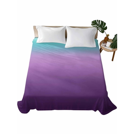 Full Size Flat Sheet Only, Teal Purple Ombre Soft Brushed Microfiber Bed Sheets, Modern Geometric Striped Abstract Art Hotel Quality Breathable Bedding Top Sheet, Easy Care, 81"x96"