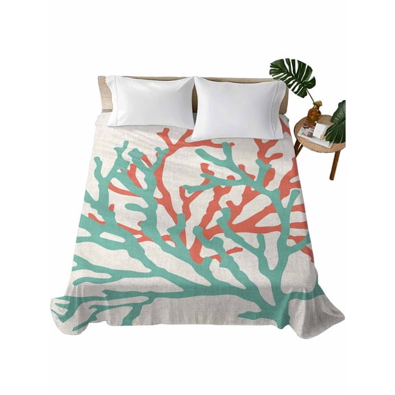 Queen Size Flat Sheet Only, Teal Red Coral Soft Brushed Microfiber Bed Sheets, Summer Ocean Nautical Coastal Rustic Burlap Hotel Quality Breathable Bedding Top Sheet, Easy Care, 81"x96"