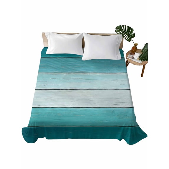 Full Size Flat Sheet Only, Teal Turquoise Soft Brushed Microfiber Bed Sheets, Farmhouse Abstract Gradient Wooden Plank Hotel Quality Breathable Bedding Top Sheet, Easy Care, 81"x96"