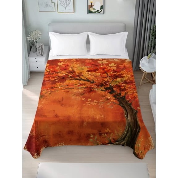Queen Size Flat Sheet Only,Thanksgiving Fall Maple Leaves Tree Soft Breathable Top Bedding Sheet Autumn Plant Orange Microfiber Hotel Luxury Flat Sheets