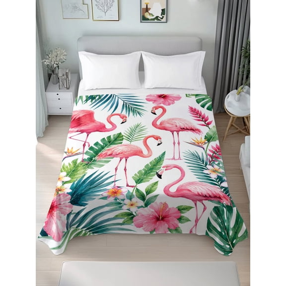 Queen Size Flat Sheet Only,Tropical Multiple Flamingos Soft Top Bed Sheets Breathable Bedding Sheet Summer Palm Leaves Microfiber Hotel Luxury Top Sheets