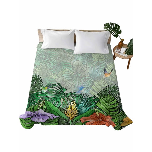 Full Size Flat Sheet Only, Tropical Plant Colorful Floral Soft Brushed Microfiber Bed Sheets, Fern Print Summer Birds Hotel Quality Breathable Bedding Top Sheet, Easy Care, 81"x96"
