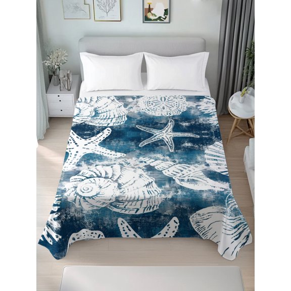 Queen Size Flat Sheet Only,Vintage Conch Shells Starfish Coral on Blue Soft Top Bed Sheets Breathable Bedding Sheet Marine Life Microfiber Hotel Top Sheets