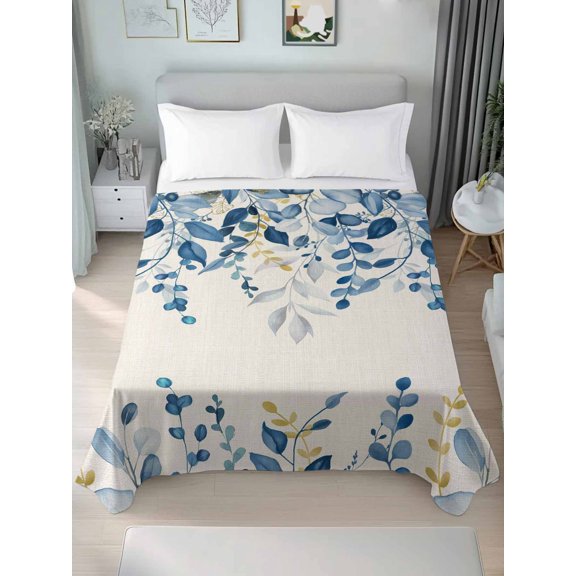 Queen Size Flat Sheet Only,Vintage Eucalyptus Leaves Soft Breathable Top Bedding Sheets Country Plant on Linen Microfiber Hotel Flat Sheets