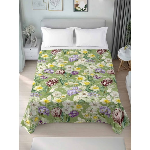 Queen Size Flat Sheet Only,Vintage Floral Tulips Leaves Soft Top Bed Sheets Breathable Bedding Sheet Spring Flower on Sage Green Microfiber Hotel Luxury Top Sheets