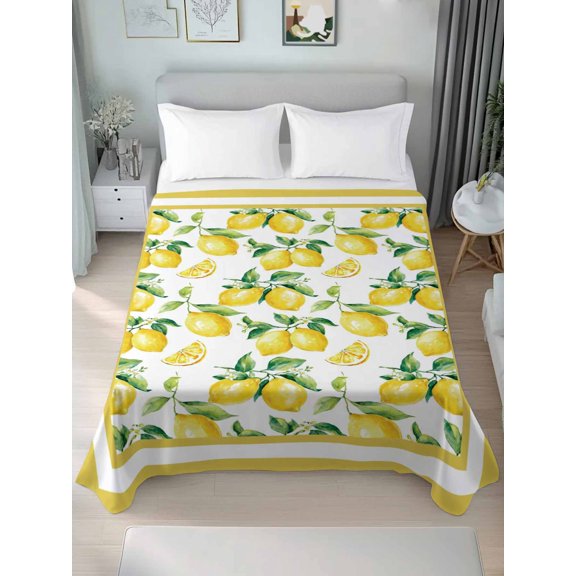 Queen Size Flat Sheet Only,Vintage Watercolor Lemon Leaves Soft Breathable Top Bedding Sheets Summer Farm Yellow Fruit Art Microfiber Hotel Flat Sheets