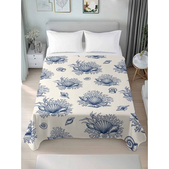Queen Size Flat Sheet Only,Watercolor Blue Conch Shell Coral Soft Top Bed Sheets Breathable Bedding Sheet Vintage Ocean Microfiber Hotel Luxury Top Sheets