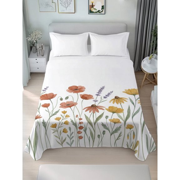 Queen Size Flat Sheet Only,Watercolor Daisies Lavender Soft Top Bed Sheets Breathable Bedding Sheet Country Floral Art Microfiber Hotel Top Sheets