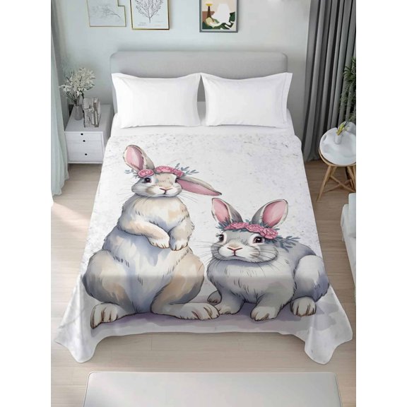 Queen Size Flat Sheet Only,Watercolor Easter Bunnies Soft Top Bed Sheets Breathable Bedding Sheet Retro Rabbits Flowers Microfiber Hotel Luxury Top Sheets
