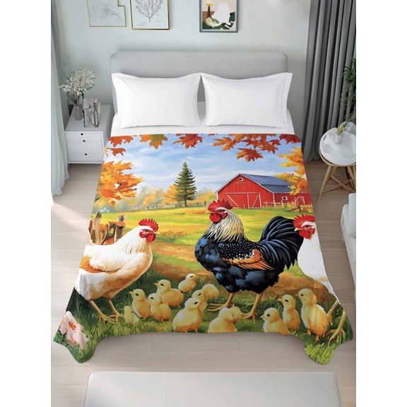 Queen Size Flat Sheet Only,Watercolor Farm Rooster Barn Soft Top Bed Sheets Breathable Bedding Sheet Country Floral Art Microfiber Hotel Luxury Top Sheets
