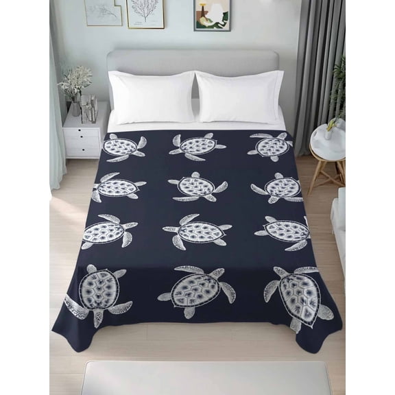Queen Size Flat Sheet Only,Watercolor Ocean Turtle Seamless Soft Top Bed Sheets Breathable Bedding Sheet Coastal Marine Creature Navy Blue Microfiber Hotel Luxury Top Sheets