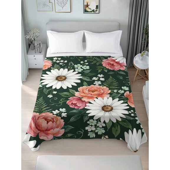 Queen Size Flat Sheet Only,Watercolor Pink Rose White Daisies Soft Top Bed Sheets Breathable Bedding Sheet Green Leaf Background Microfiber Hotel Luxury Top Sheets