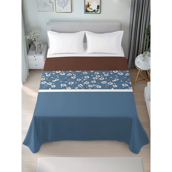 Queen Size Flat Sheet Only,Watercolor Spring Floral Pattern Soft Top Bed Sheets Breathable Bedding Sheet Blue Brown Stitching Art Microfiber Hotel Luxury Flat Sheets